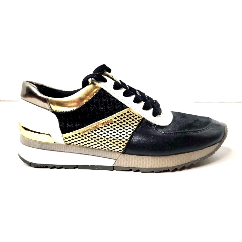 Michael Kors leather sneakers.  Black/metallic gold/white. Blinged out 7…
